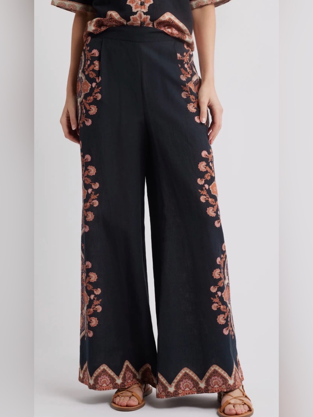 Cleobella Martin Medallion Print Cotton Linen Wide Leg Pants Black Size S